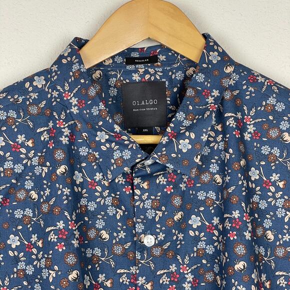01. Algo Men’s Green Floral Camp Shirt XXL Non-Iron Stretch Short Sleeve - Picture 9 of 9